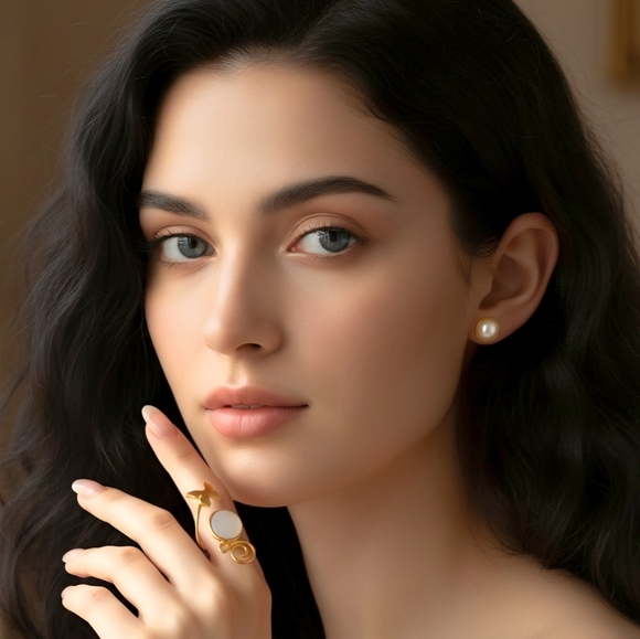 ποΈTurkish Artisan 24K Gold Plated & Pearl Ring + Earrings Set π Adjustable - Picture 10 of 13